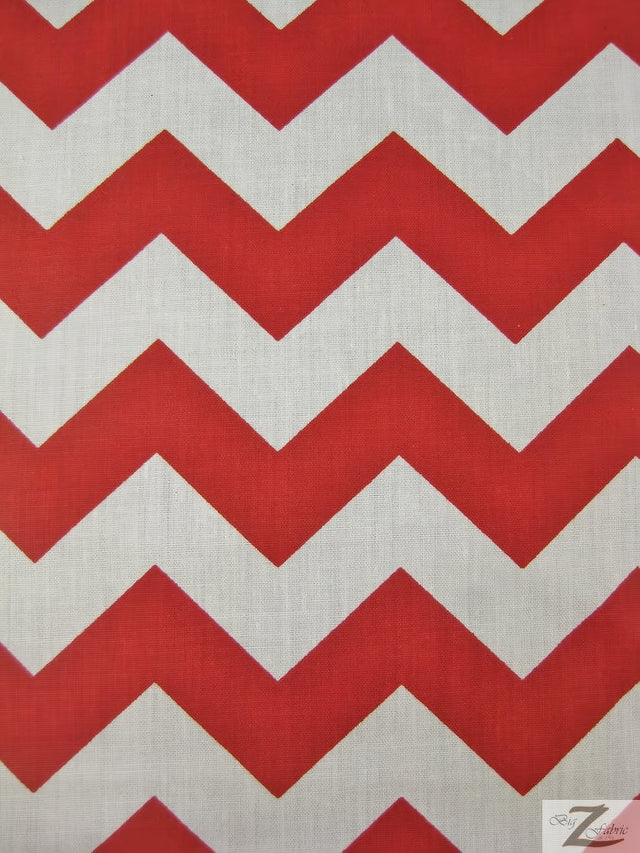 Poly Cotton Fabric 1" Zig Zag Chevron White/Red Sold By The Yard