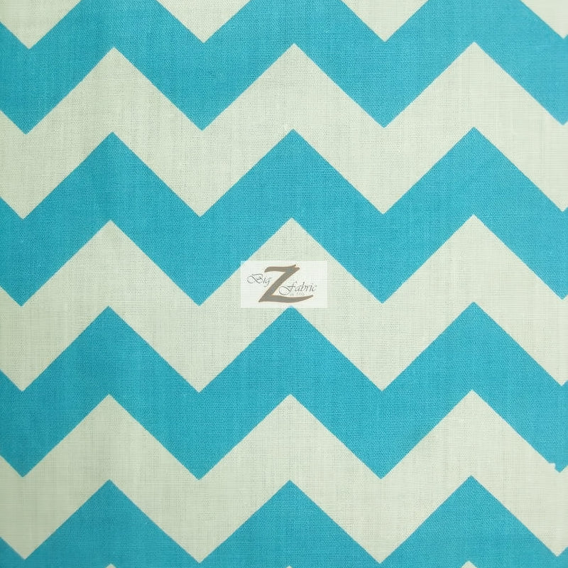 Poly Cotton Fabric 1" Zig Zag Chevron White/Turquoise