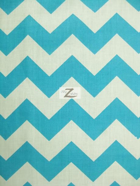 Poly Cotton Fabric 1" Zig Zag Chevron White/Turquoise