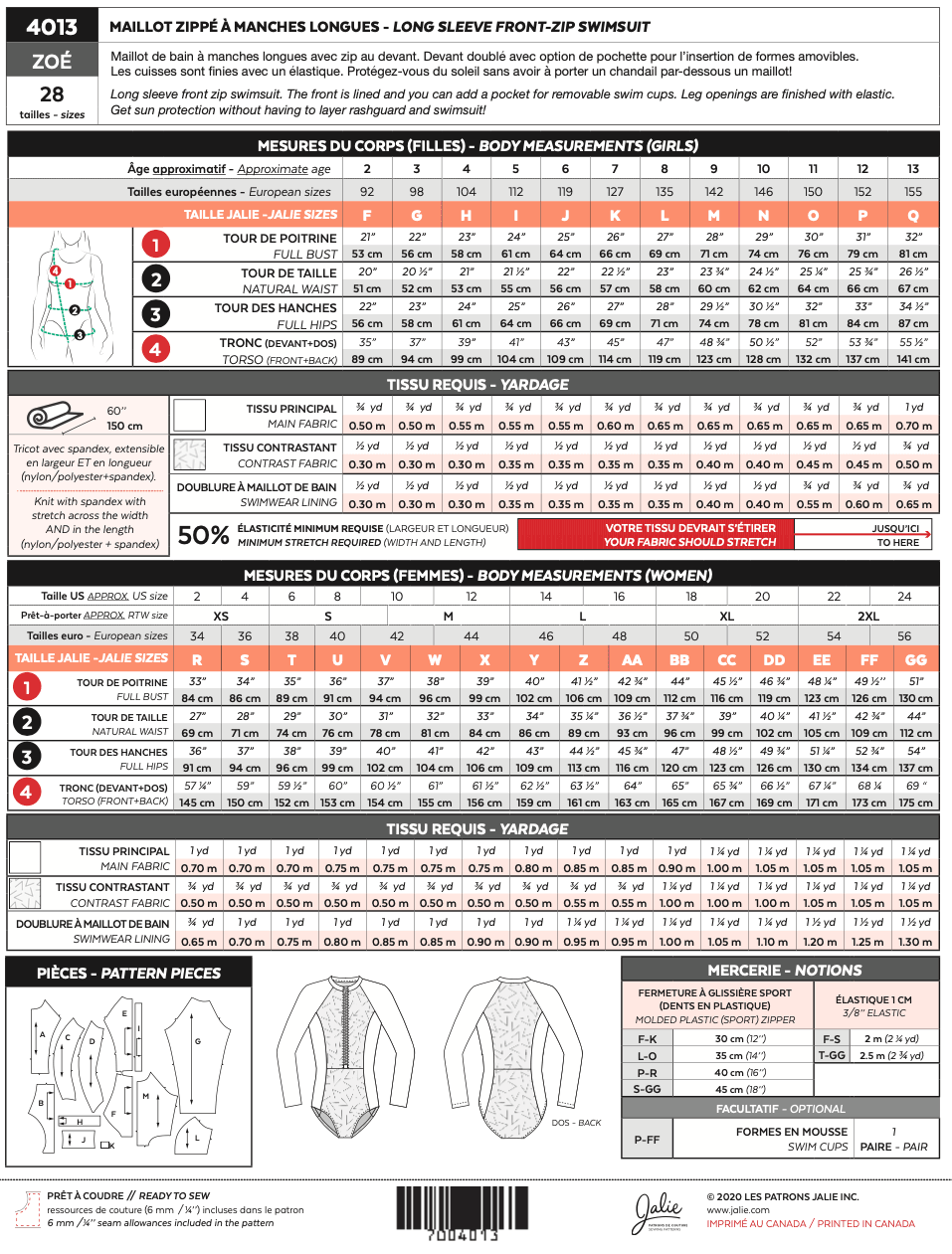 Zoe Long-Sleeve Front-Zip Swimsuit Sewing Pattern