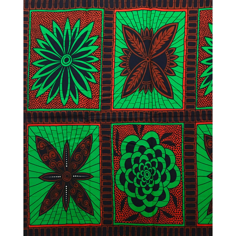 African Print Fabric Ankara Cotton Fabric - Green, Brown, Navy Snap & Bloom, 46" Width (Per Yard)
