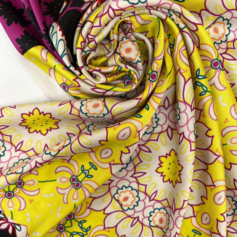 Polyester Sateen Printed Black Purple Floral