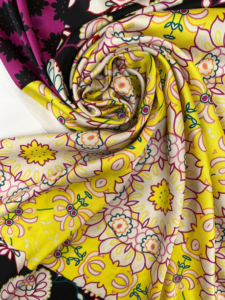 Polyester Sateen Printed Black Purple Floral