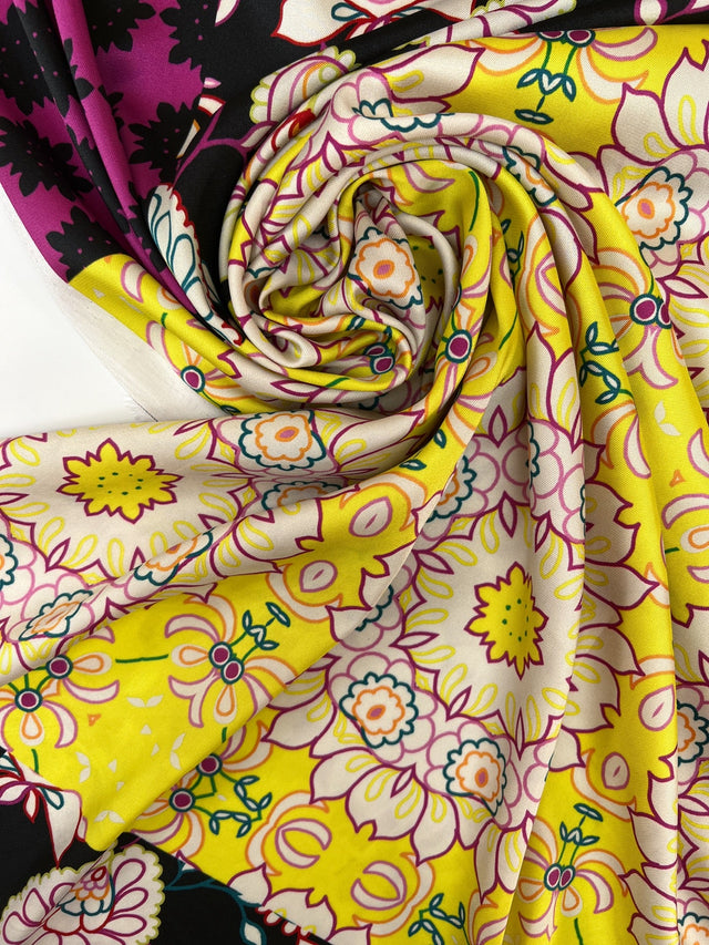 Polyester Sateen Printed Black Purple Floral