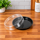 Bake, Take, and Show 6 5/8" round Black Oven-Safe Cookie, pie, rolls, bread Takeout Tray with Clear Lid