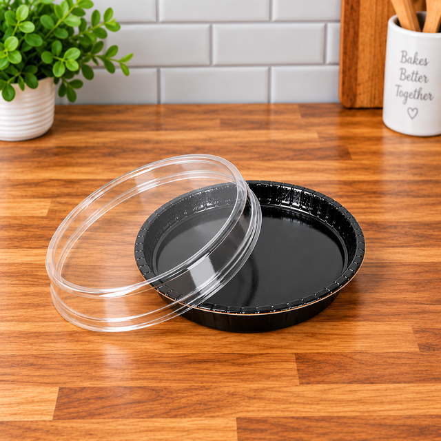 Bake, Take, and Show 6 5/8" round Black Oven-Safe Cookie, pie, rolls, bread Takeout Tray with Clear Lid