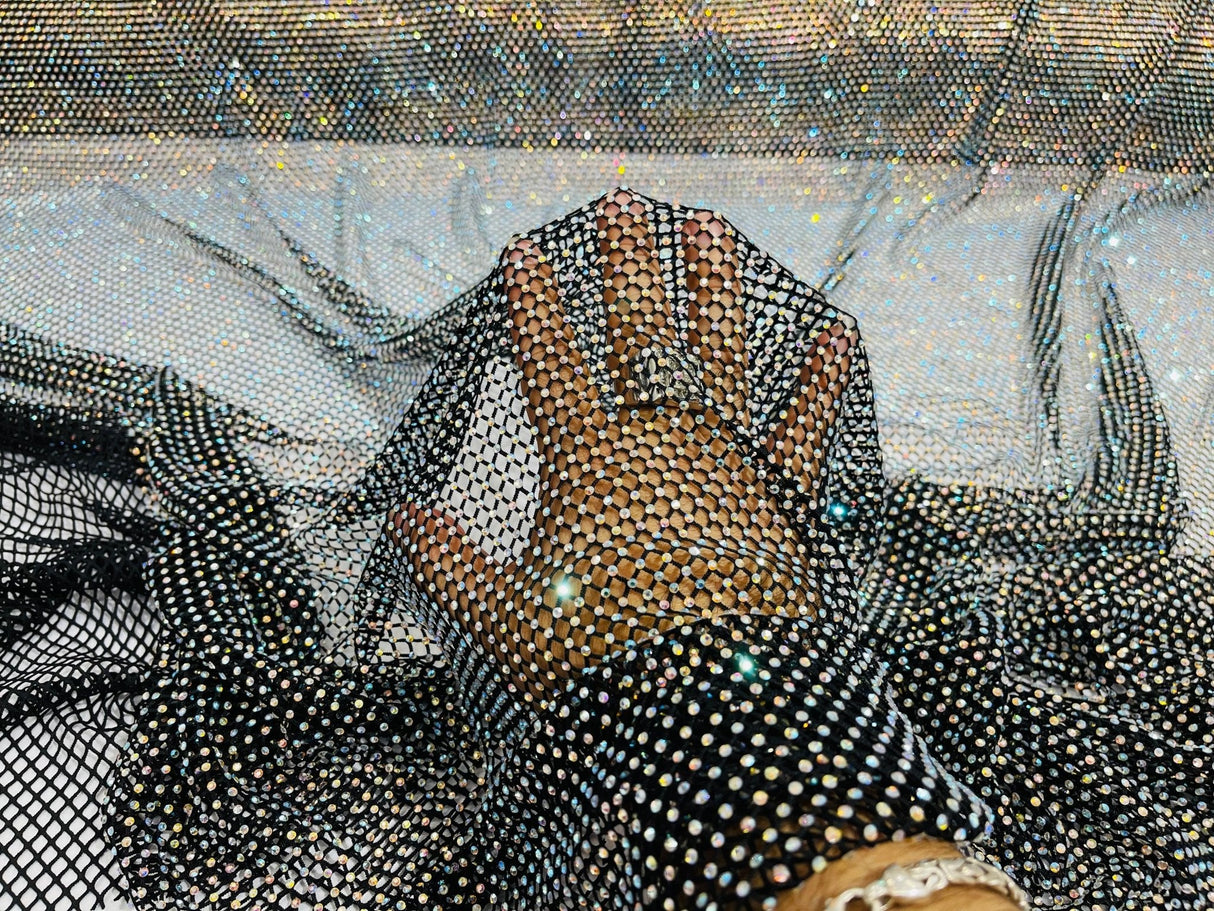 AB Rhinestones On A Fish Net Polyester Fabric - Iridescent Rhinestone Mesh, 1 Yard