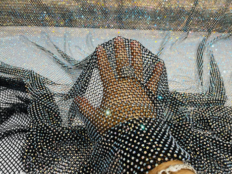 AB Rhinestones On A Fish Net Polyester Fabric - Iridescent Rhinestone Mesh, 1 Yard