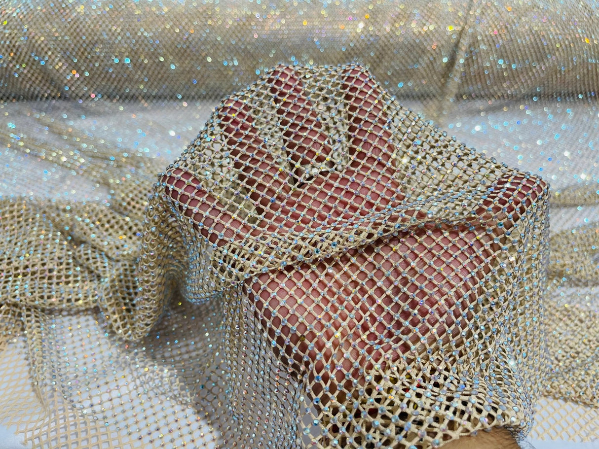 AB Rhinestones On A Fish Net Polyester Fabric - Iridescent Rhinestone Mesh, 1 Yard