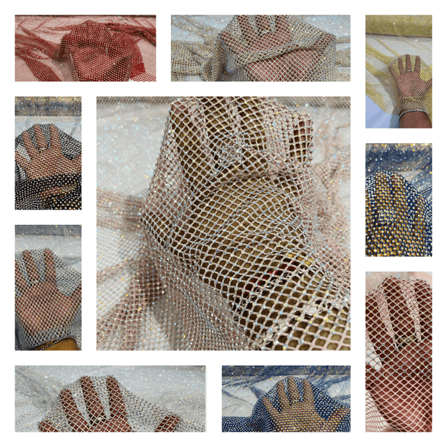 AB Rhinestones On A Fish Net Polyester Fabric - Iridescent Rhinestone Mesh, 1 Yard