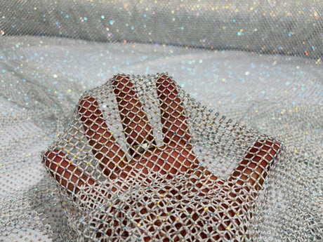 AB Rhinestones On A Fish Net Polyester Fabric - Iridescent Rhinestone Mesh, 1 Yard