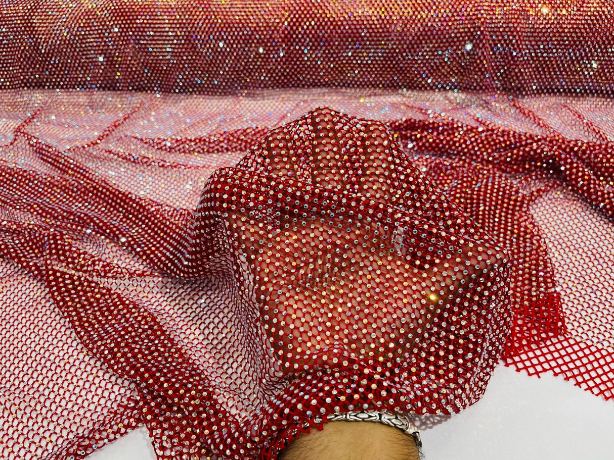 AB Rhinestones On A Fish Net Polyester Fabric - Iridescent Rhinestone Mesh, 1 Yard
