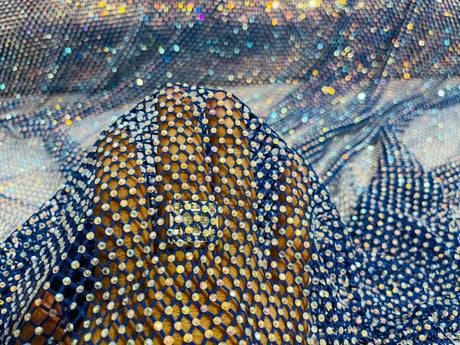 AB Rhinestones On A Fish Net Polyester Fabric - Iridescent Rhinestone Mesh, 1 Yard