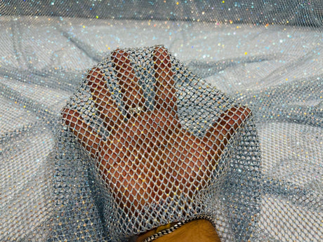 AB Rhinestones On A Fish Net Polyester Fabric - Iridescent Rhinestone Mesh, 1 Yard