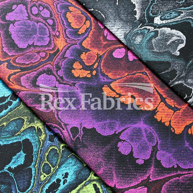 Abstractive Nylon Spandex Fabric - Gray Black, Purple Orange, Purple Lime Abstract Digital Print, 58-60" Width (1 Yard)