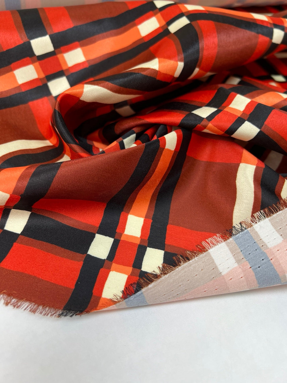Polyester Sateen Checked Red Brown
