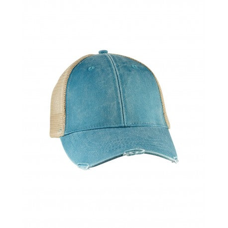 Adam's AD48 Cotton Nylon Cap - Teal/Tan, Six Panel, Mid-Crown, Structured, Distressed Torn Visor (1 Cap)