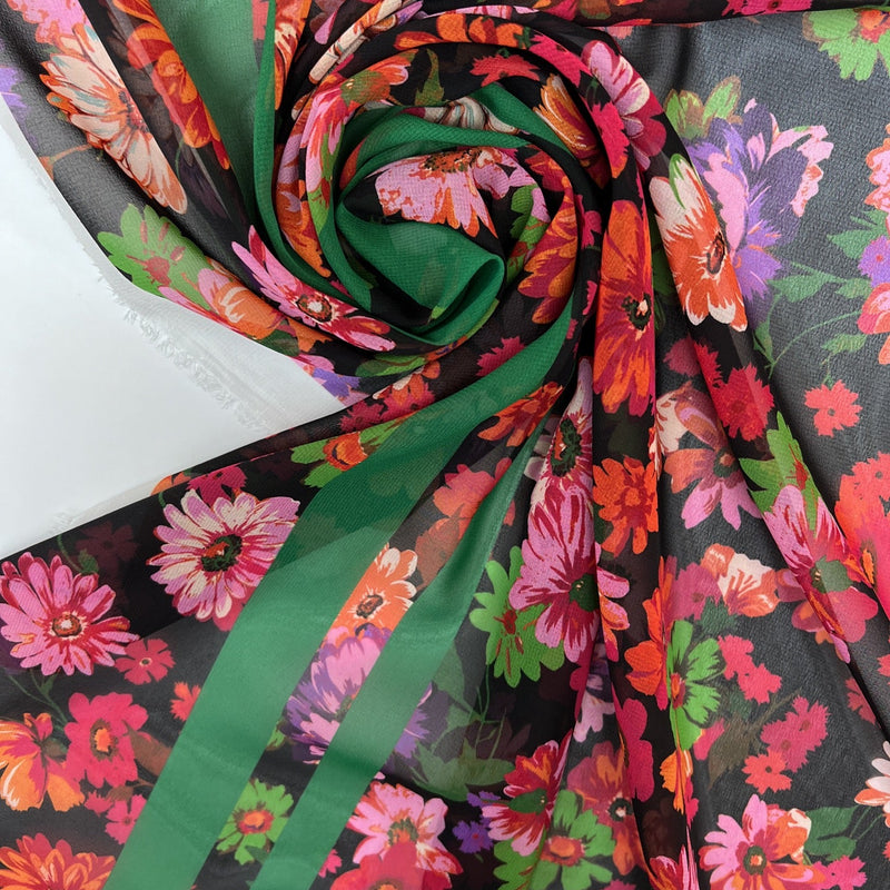 Polyester Chiffon Printed Black Pink Floral