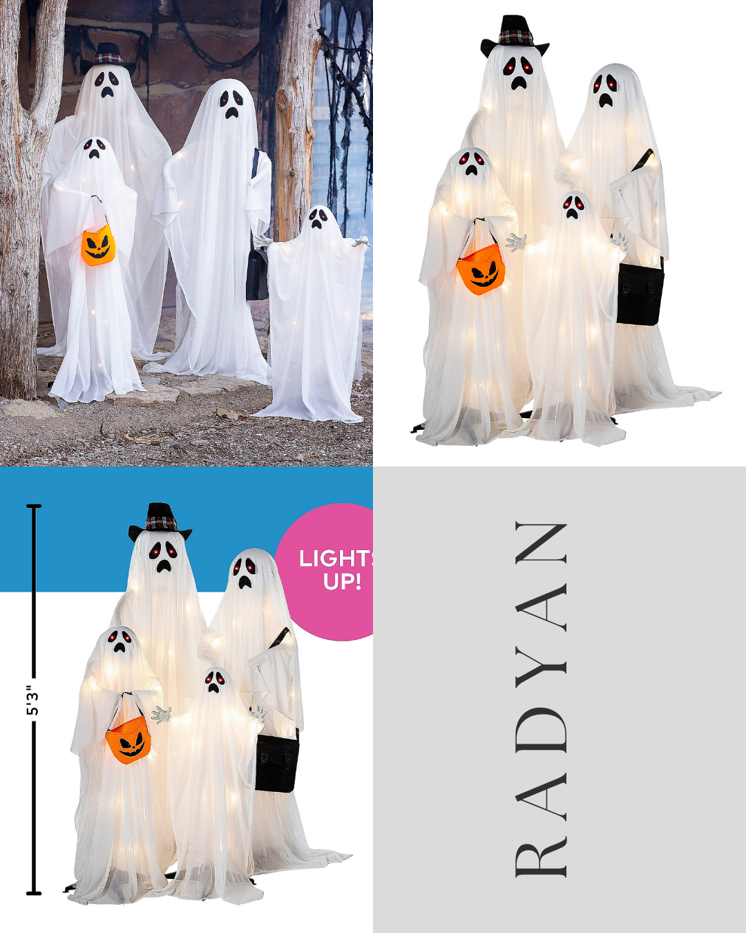 5 Ft. 2 3/4" Light-Up Ghost Family Standing Halloween Decorations – 4 Pc.