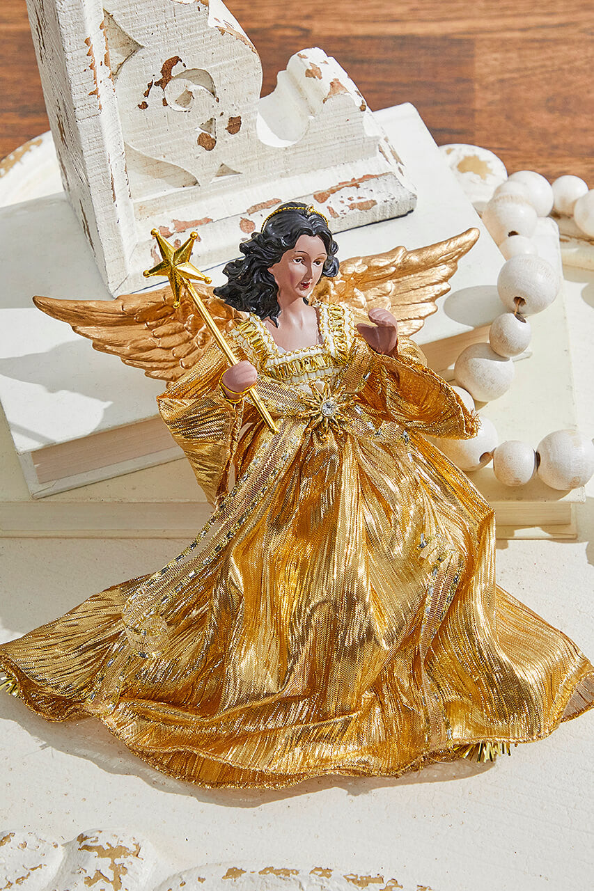 9 Inchi Gold Fabric Flying Black Angel Ornament Christmas Tree Decor Elegant Figure