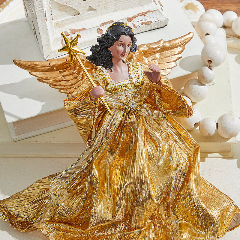 9" Gold Fabric Flying Black Angel Ornament