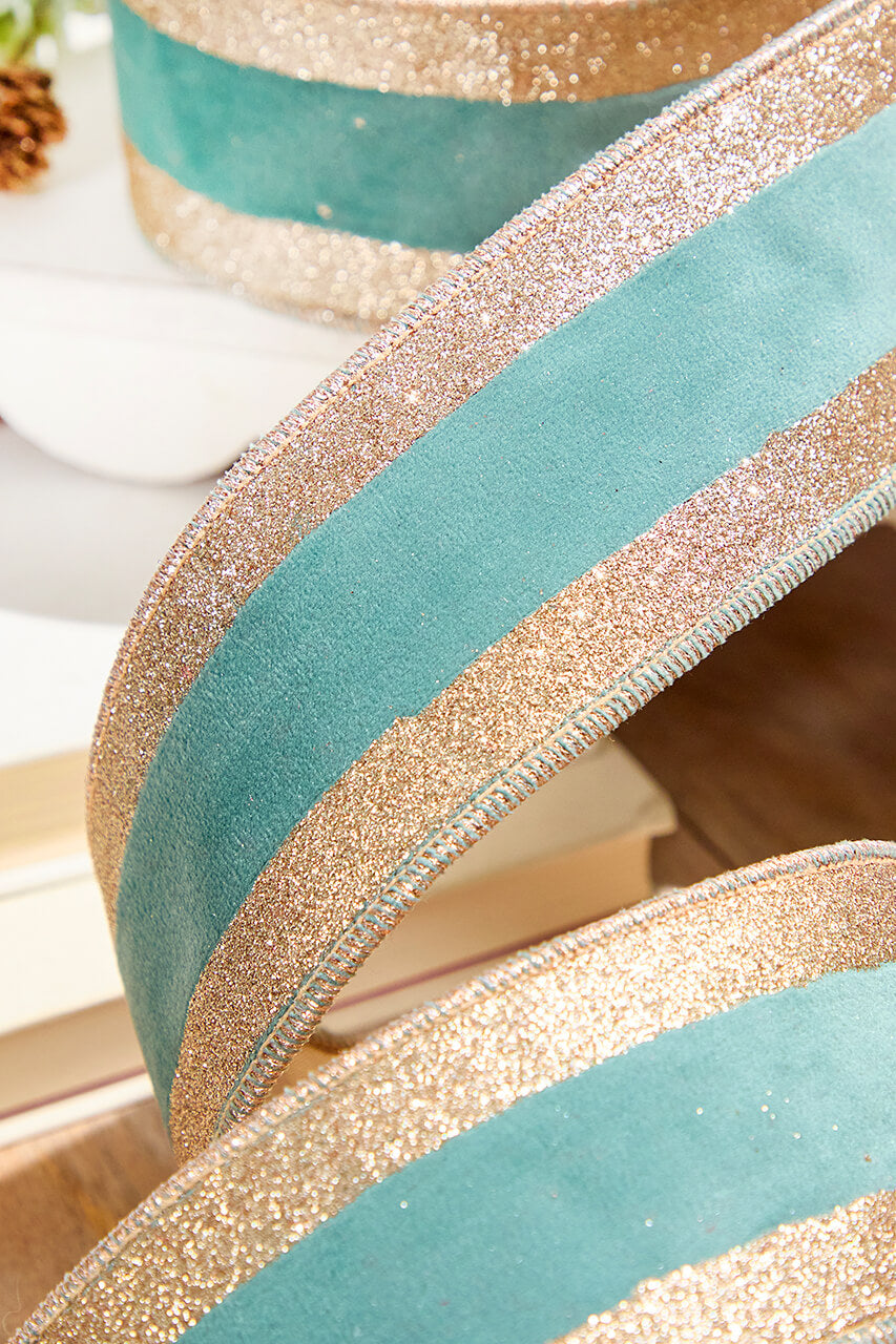 2.5" x 10 Yards Celadon and Rose Gold Striped Ribbon