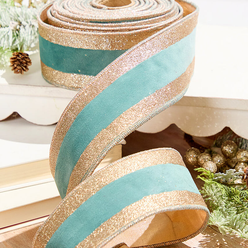 2.5" x 10 Yards Celadon and Rose Gold Striped Ribbon