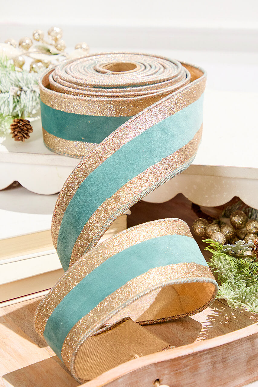 2.5" x 10 Yards Celadon and Rose Gold Striped Ribbon