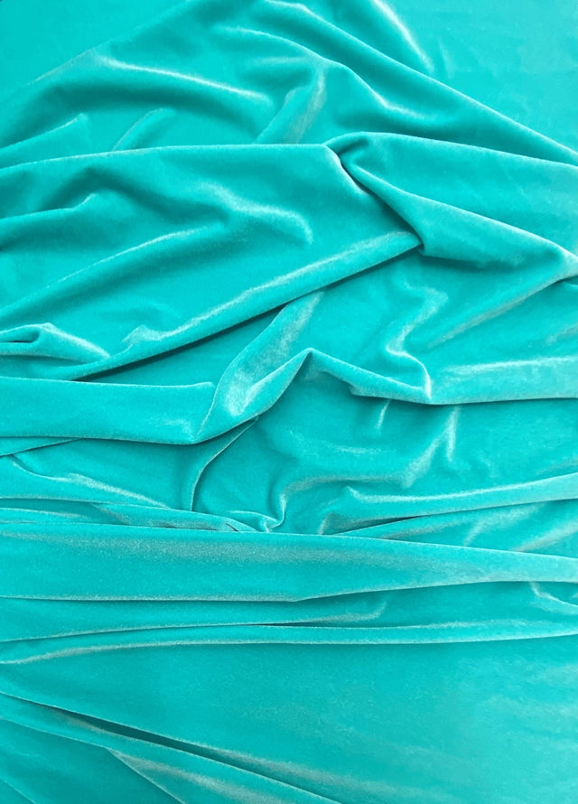 Aqua Green Polyester Spandex Stretch Velvet Fabric - Solid Aqua Green, 58"-60" Width