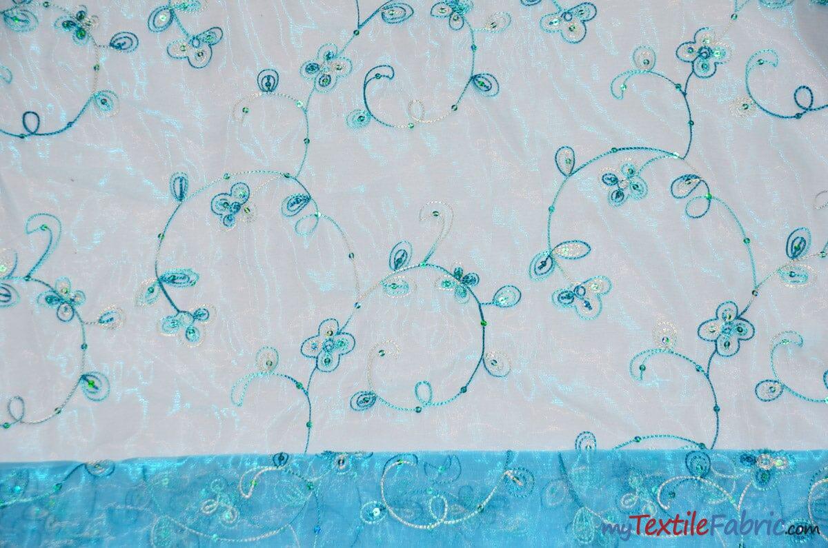 Dahlia Organza Embroidery Polyester Fabric - Embroidered Floral Sheer With Sequins Embellishment, 54" Width (1 Yard)