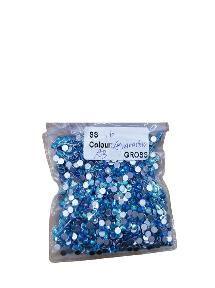 Small Bag Glue On Rhinestones Acrylic Fabric - Aquamarine AB, Flat Back, 2MM To 6MM Sizes (Small Bag)