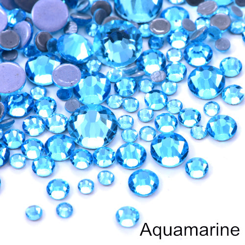 Small Bag Glue On Rhinestones Acrylic Fabric - Aquamarine AB, Flat Back, 2MM To 6MM Sizes (Small Bag)