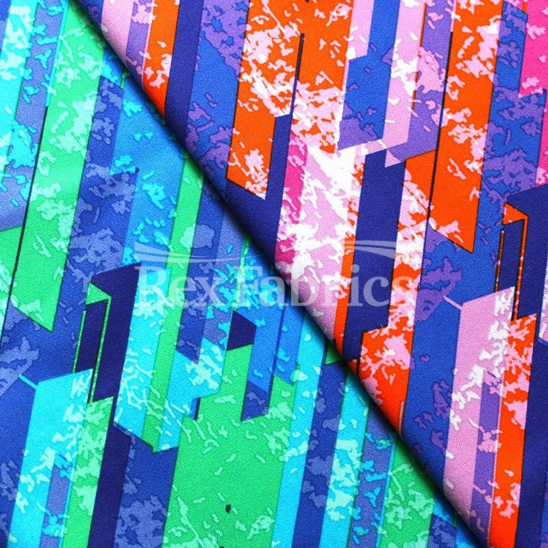 Archi Puz Poly Spandex Fabric - Blue Green, Pink Orange Geometric Print, 4-Way Stretch, Moisture Wicking, 58-60" Width (1 Yard)