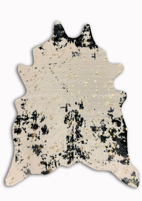 Vegan Cream Metallic Shinny Glow Faux Hide Cowhide Rug - Silver, Brown Patch, Black Patch, 5' X 7' (1 Piece)