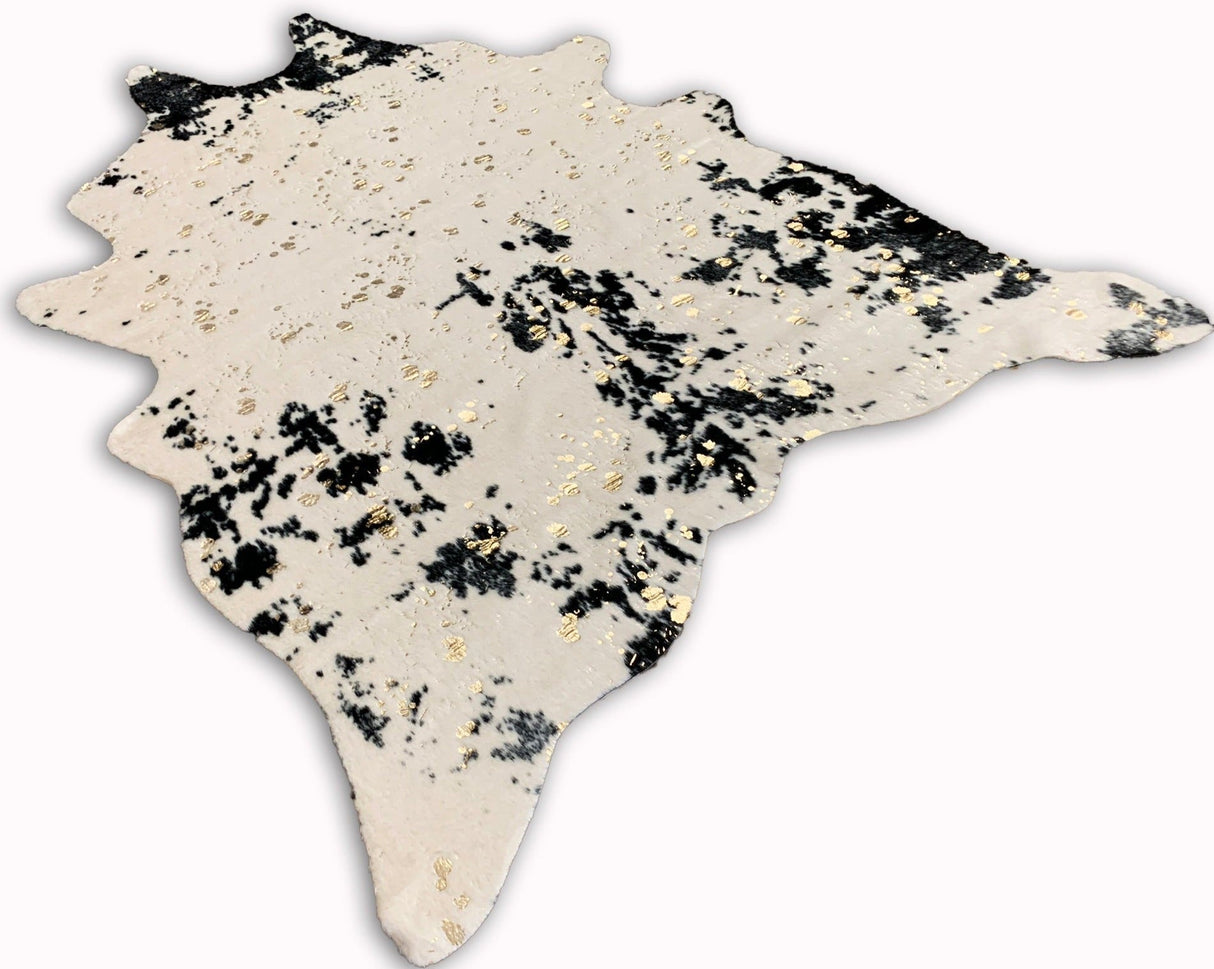 Vegan Cream Metallic Shinny Glow Faux Hide Cowhide Rug - Silver, Brown Patch, Black Patch, 5' X 7' (1 Piece)