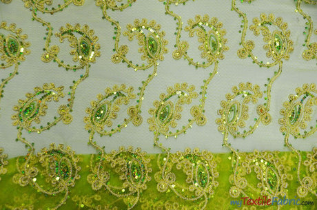 Coco Paisley Polyester Fabric - Sheer Embroidered Paisley, Double Scallop Lace, 52" Width (1 Yard)