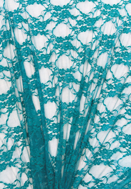 Azure Teal Nylon Spandex Stretch Lace Fabric - Vintage Look Shimmery Floral Sheer, 58/60" Width (1 Yard)