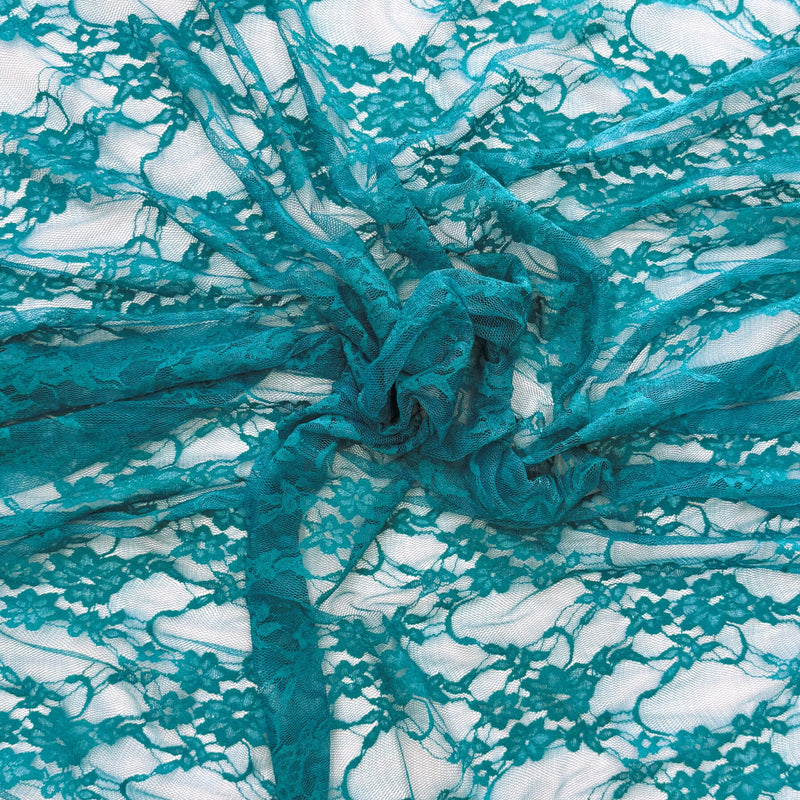 Azure Teal Nylon Spandex Stretch Lace Fabric - Vintage Look Shimmery Floral Sheer, 58/60" Width (1 Yard)
