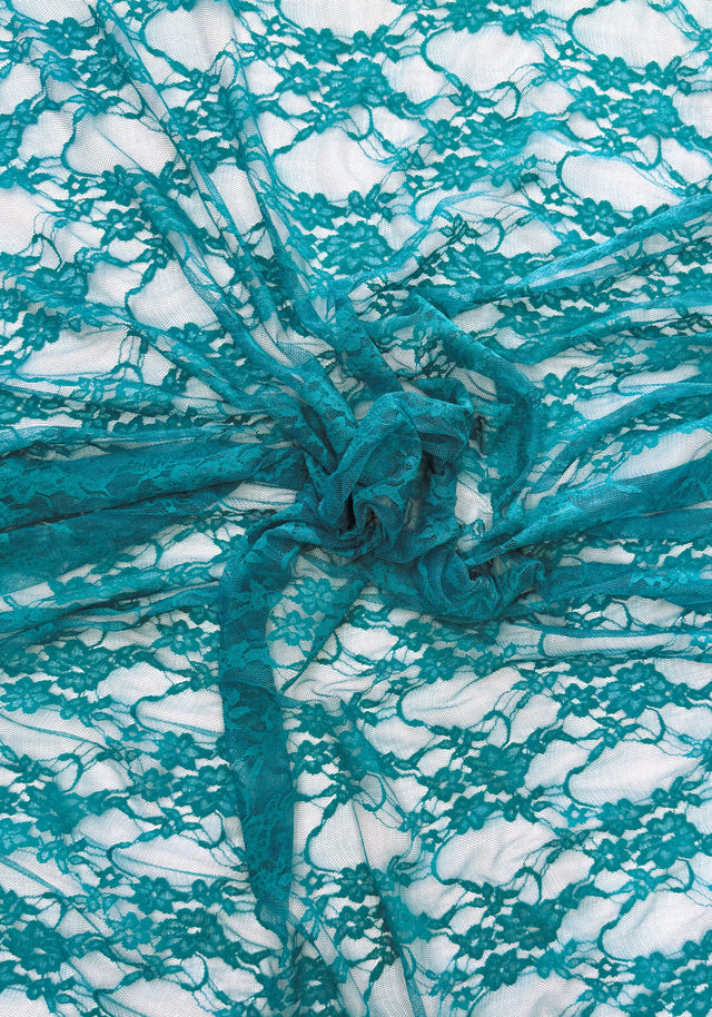 Azure Teal Nylon Spandex Stretch Lace Fabric - Vintage Look Shimmery Floral Sheer, 58/60" Width (1 Yard)