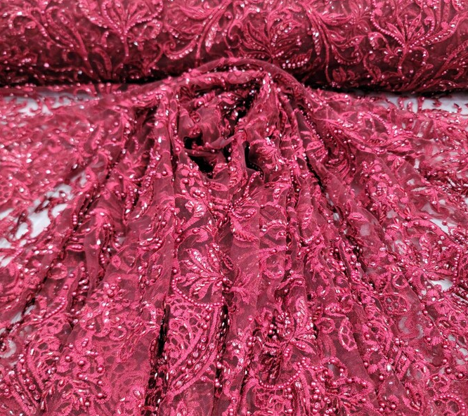 Beaded Lace Burgundy Floral Mesh Fabric