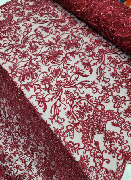 Beaded Lace Burgundy Floral Mesh Fabric