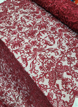 Beaded Lace Burgundy Floral Mesh Fabric
