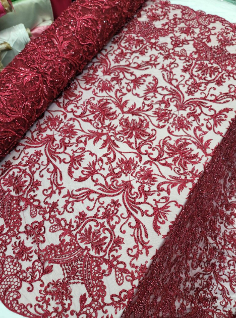 Beaded Lace Burgundy Floral Mesh Fabric