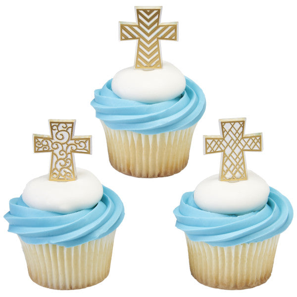 Gold Cross Assortment Cupcake Decorating Pics Toppers 12 set
