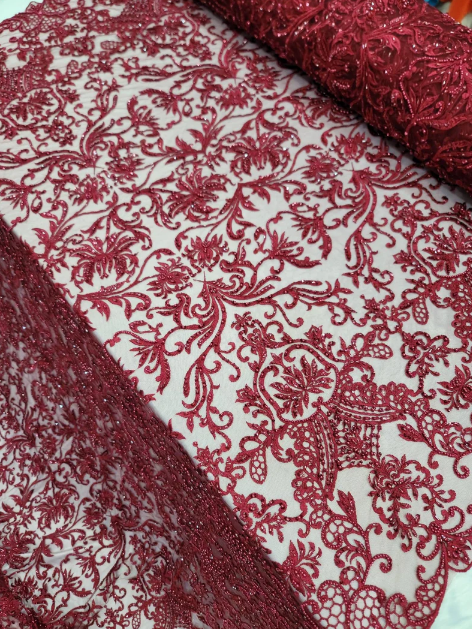 Beaded Lace Burgundy Floral Mesh Fabric