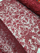 Beaded Lace Burgundy Floral Mesh Fabric