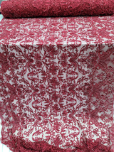 Beaded Lace Burgundy Floral Mesh Fabric