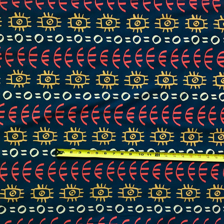 Abimbola Stretch Cotton Satin Fabric - Navy, Orange, Marigold, Beige African Print, 58" Width (1 Yard)