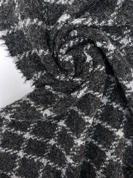 Virgin Wool Blend Bouclé Tweed Checked Gray