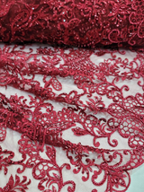 Beaded Lace Burgundy Floral Mesh Fabric